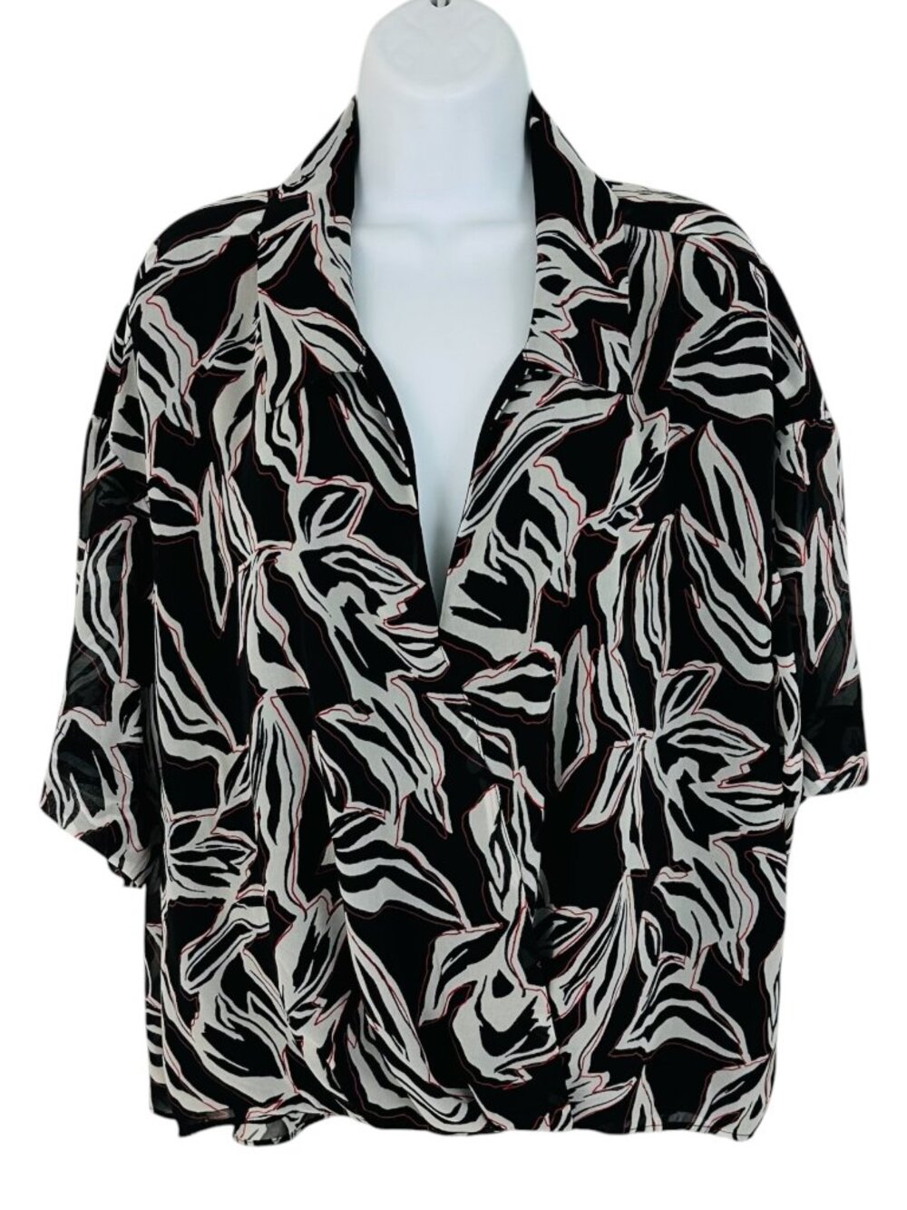 Calvin Klein Women's Size XL Floral Faux Wrap Black Red White Blouse NEW